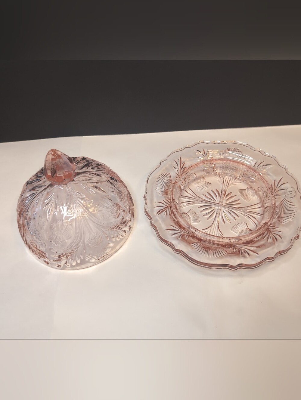 Vintage Light Pink Mosser Glass Covered Butter Dish W/ Inverted Thistle Pattern - Picture 3 of 6